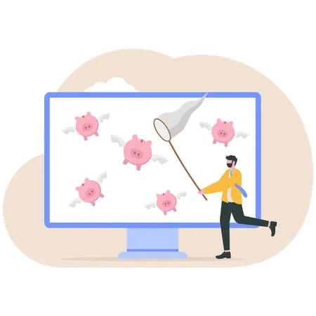 Businessman chasing to catch flying pink piggy bank  Illustration