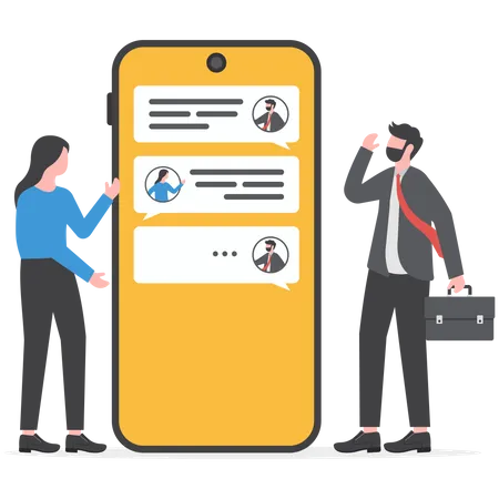 Chat Mobile Application For Business Teamwork Using Technology To Communicate Or Collaborate In Work Concept Businessman And Businesswoman Communicate With Mobile App On Big Hand Holding Smart Phone 일러스트레이션