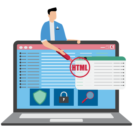 Businessman checking html coding on laptop  Illustration