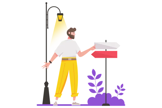 Searching Opportunities Concept In Flat Design Businessman Chooses Direction Way At Pointer Pole Vision Business And Success Strategy Vector Illustration With Isolated People Scene For Web Banner Illustration