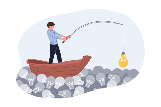 Businessman chooses good idea from many bad options and fishing from wooden boat in sea of light bulbs  Illustration