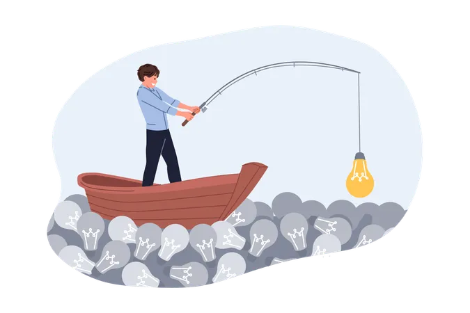 Businessman chooses good idea from many bad options and fishing from wooden boat in sea of light bulbs  Illustration