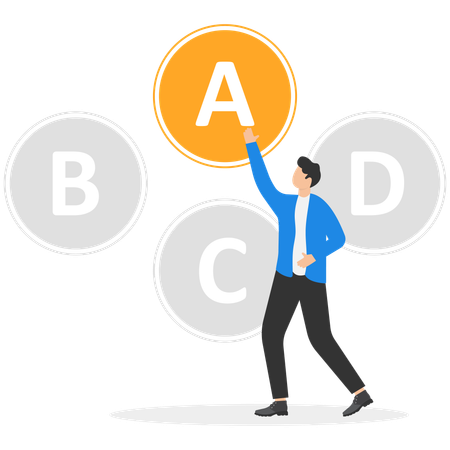 사업가가 플랜 A, B, C, D 중에서 플랜 A를 옵션으로 선택  일러스트레이션