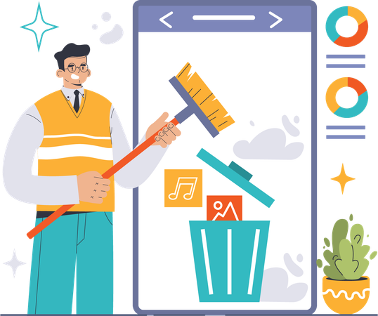 Businessman cleaning data from mobile  Illustration