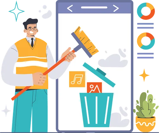 Businessman cleaning data from mobile  Illustration