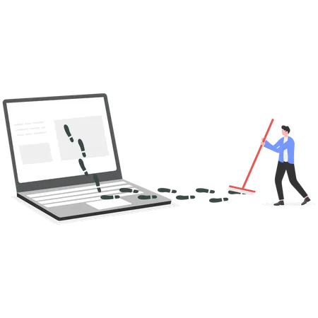 Businessman cleaning shoe print from laptop  Illustration