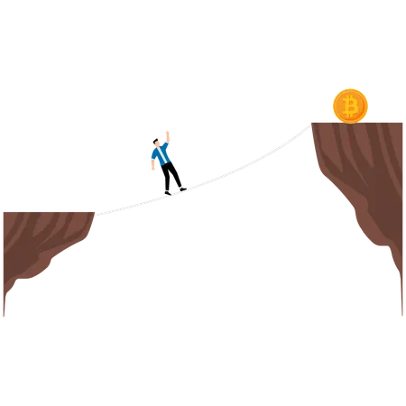 Businessman climb Bitcoin with rope  Illustration