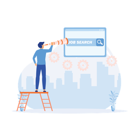 Businessman climb ladder on job search bar with binocular to see opportunity and vacancy  Illustration