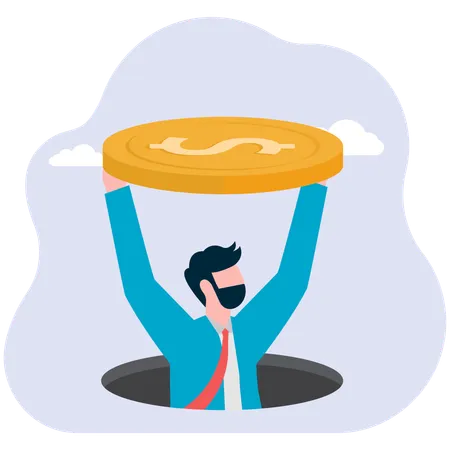 Businessman  climb out from the gold coin hole  Illustration