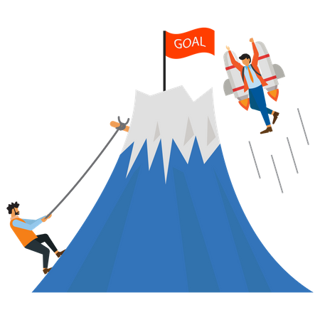 Businessman climb the cliff and ride the jetpack to reach the target  Illustration