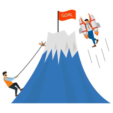 Businessman climb the cliff and ride the jetpack to reach the target  Illustration