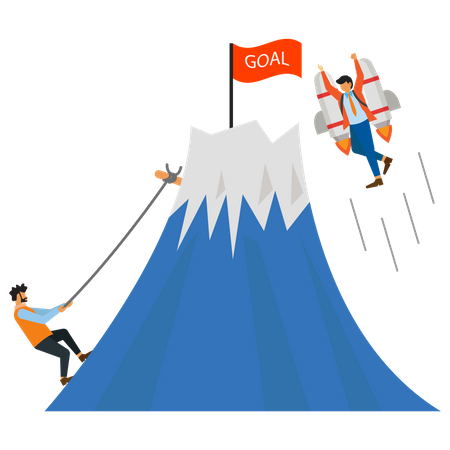 Businessman climb the cliff and ride the jetpack to reach the target Illustration