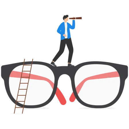 Businessman climb up big eyeglasses see vision on binoculars  Illustration