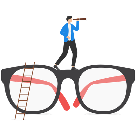 Businessman climb up big eyeglasses see vision on binoculars  Illustration