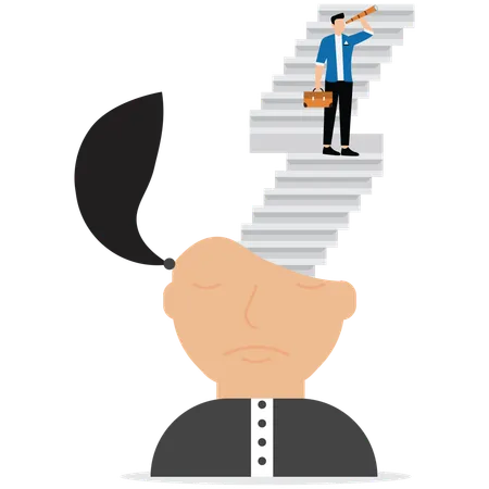 Businessman climb up ladder and look up through telescope from head symbol  Illustration