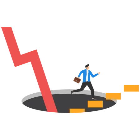 Businessman Climb Up Ladder From Deep Hole Business To Survive Economic Recession Flat Modern Vector Illustration Illustration