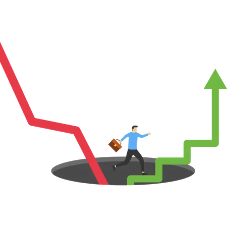 Businessman climb up ladder from deep hole  Illustration