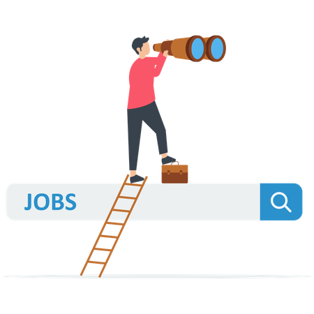 Businessman climb up ladder of job search bar with binoculars to see opportunity  Illustration
