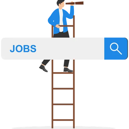 Businessman climb up ladder of job search bar with binoculars to see opportunity  Illustration