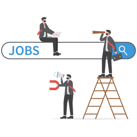 Businessman climb up ladder of job search bar with Hold binoculars to see job opportunities  Illustration