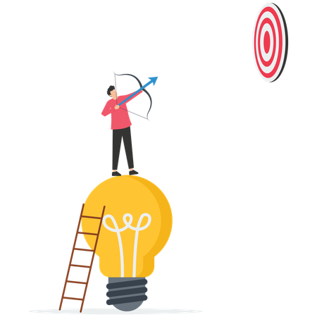 Businessman climb up ladder on light bulb idea to shoot at target  Illustration