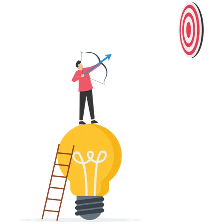 Businessman climb up ladder on light bulb idea to shoot at target  Illustration