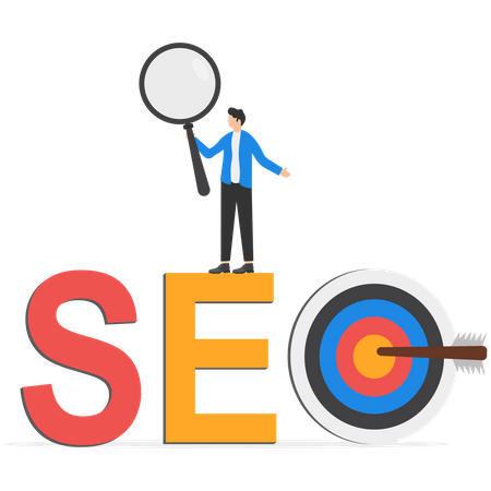 Businessman climb up ladder on word SEO with arrow hit target  Illustration