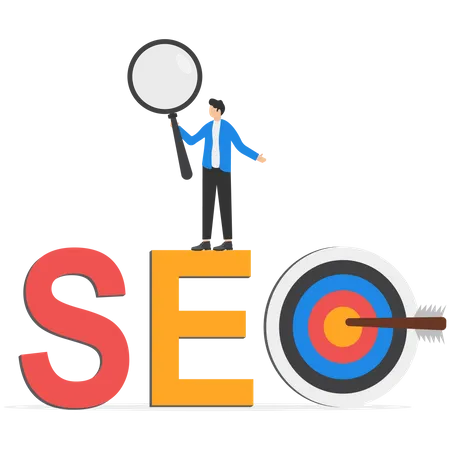 Businessman climb up ladder on word SEO with arrow hit target  Illustration