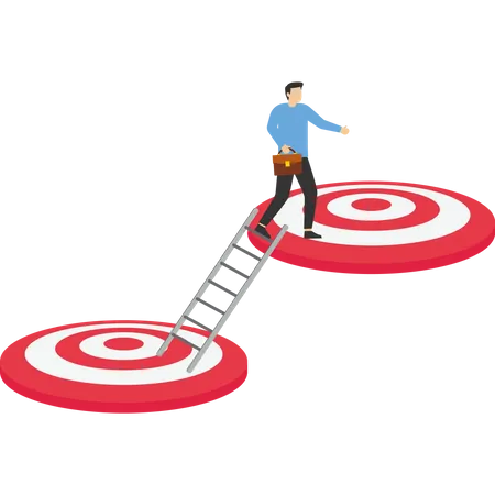 Businessman Climb Up Ladder Reaching Goal Target Vector Illustration Design Concept In Flat Style Illustration