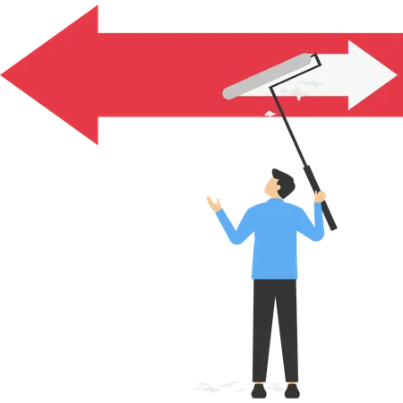 Businessman climb up ladder to paint a arrow change to opposite direction  Illustration