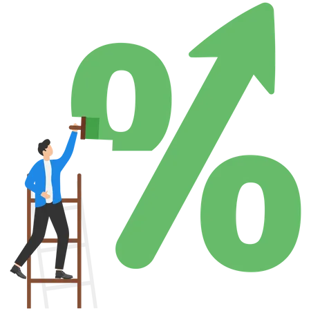 Businessman Climb Up Ladder To Paint A Symbol Of Big Percentage Interest Financial And Mortgage Rates Flat Vector Illustration Illustration