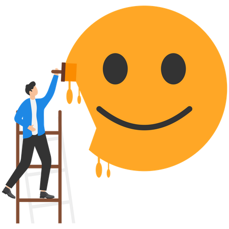Businessman climb up ladder to paint of positive emoticon  Illustration