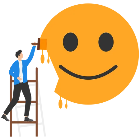 Businessman climb up ladder to paint of positive emoticon  Illustration