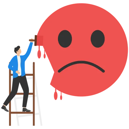 Businessman climb up ladder to paint of sad emoticon  Illustration