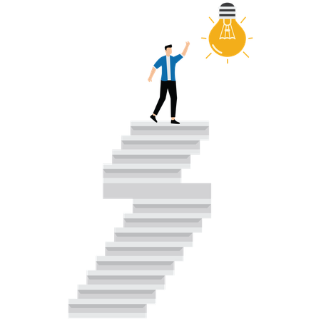 Businessman climb up ladder to reach lightbulb symbol for Innovation idea to drive success  Illustration