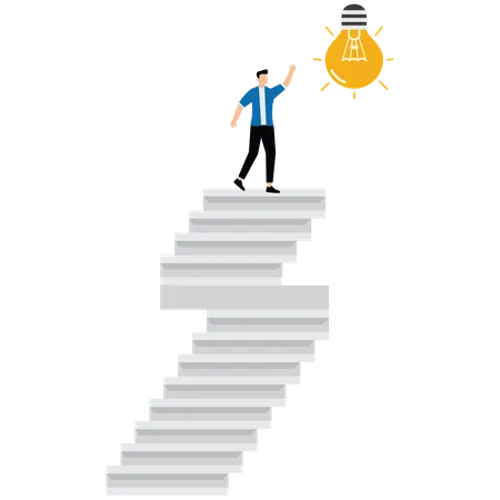Businessman climb up ladder to reach lightbulb symbol for Innovation idea to drive success  Illustration