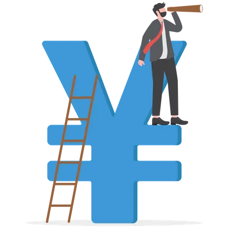Businessman climb up ladder to top on Japanese yen sign using telescope to see future vision  イラスト