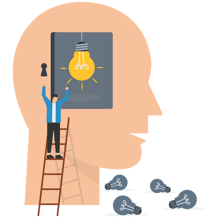 Businessman climb up ladder with idea on the brain in his head  イラスト
