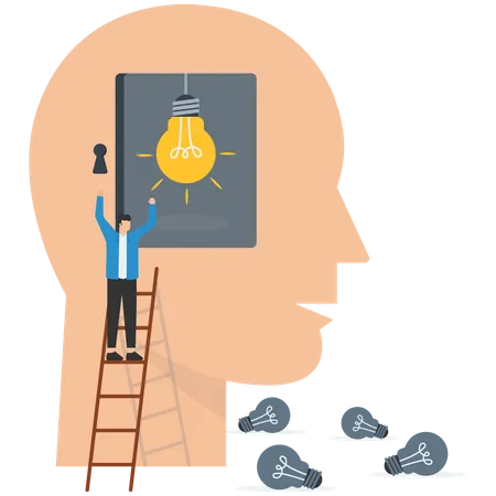 Businessman climb up ladder with idea on the brain in his head  Illustration
