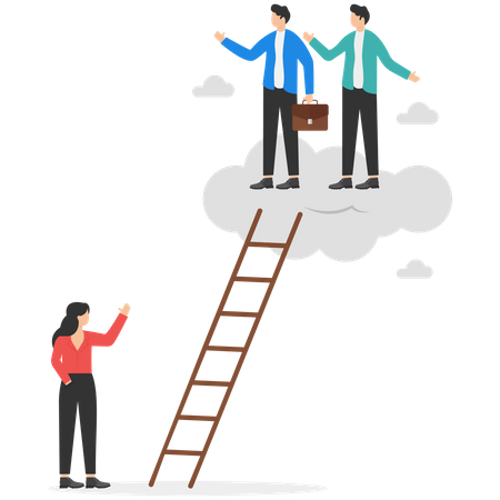 Businessman climb up ladders up the clouds with no space left for woman  Illustration