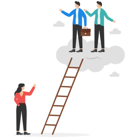 Businessman climb up ladders up the clouds with no space left for woman  Illustration