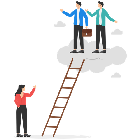 Businessman climb up ladders up the clouds with no space left for woman Illustration