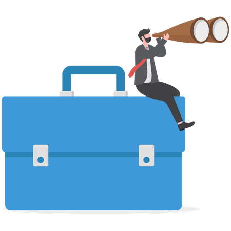 Businessman climb up on briefcase see through binoculars  Illustration