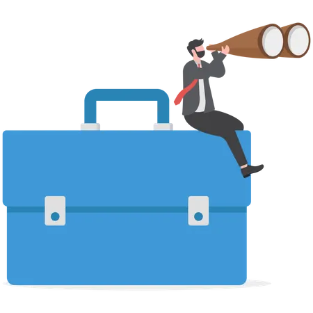 Businessman climb up on briefcase see through binoculars  Illustration