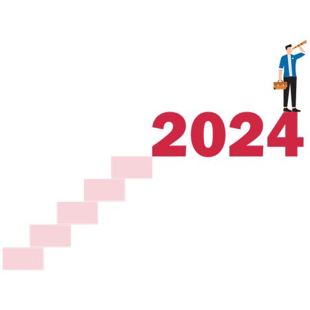 Businessman climb up on year 2024 to see business outlook  Illustration