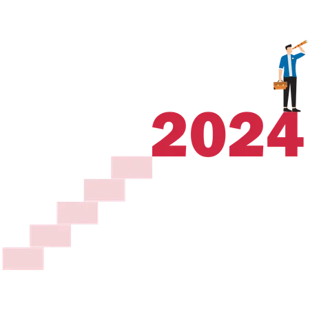 Businessman climb up on year 2024 to see business outlook  Illustration