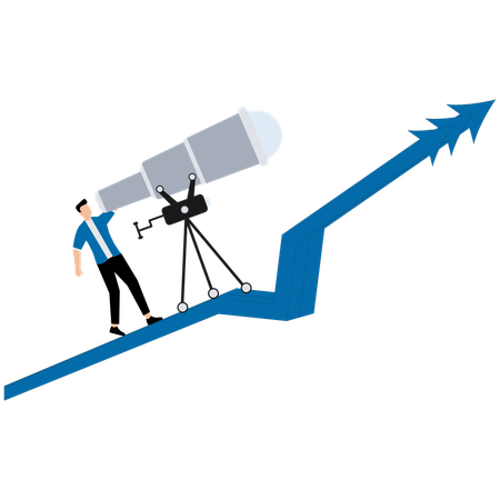 Businessman climb up rising arrow with big telescope spyglass  Illustration