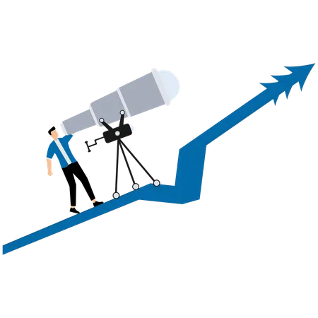 Businessman climb up rising arrow with big telescope spyglass  Illustration
