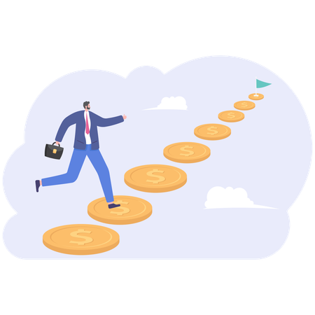 Businessman climb up stairs on the sky with dollar sign  Illustration