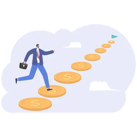 Businessman Climb Up Stairs On The Sky With Dollar Sign Vector Illustration Cartoon Illustration